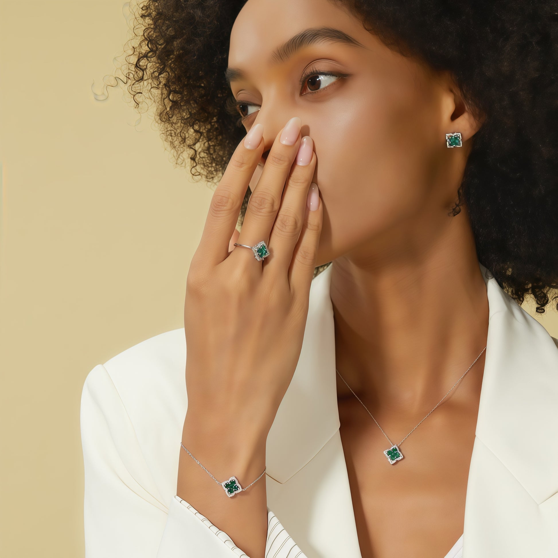 Premium Lucky Clover: French Four-Leaf Lab-Grown Emerald Bracelet | 925 Silver