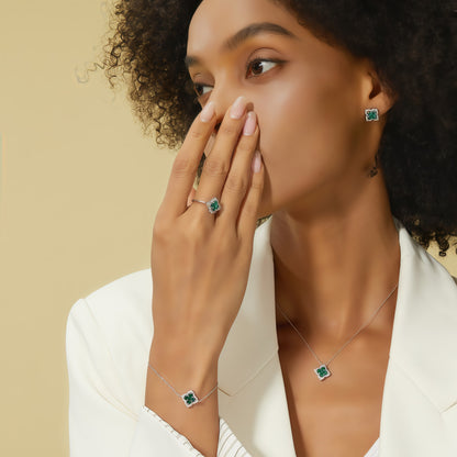 Premium Lucky Clover: French Four-Leaf Lab-Grown Emerald Bracelet | 925 Silver