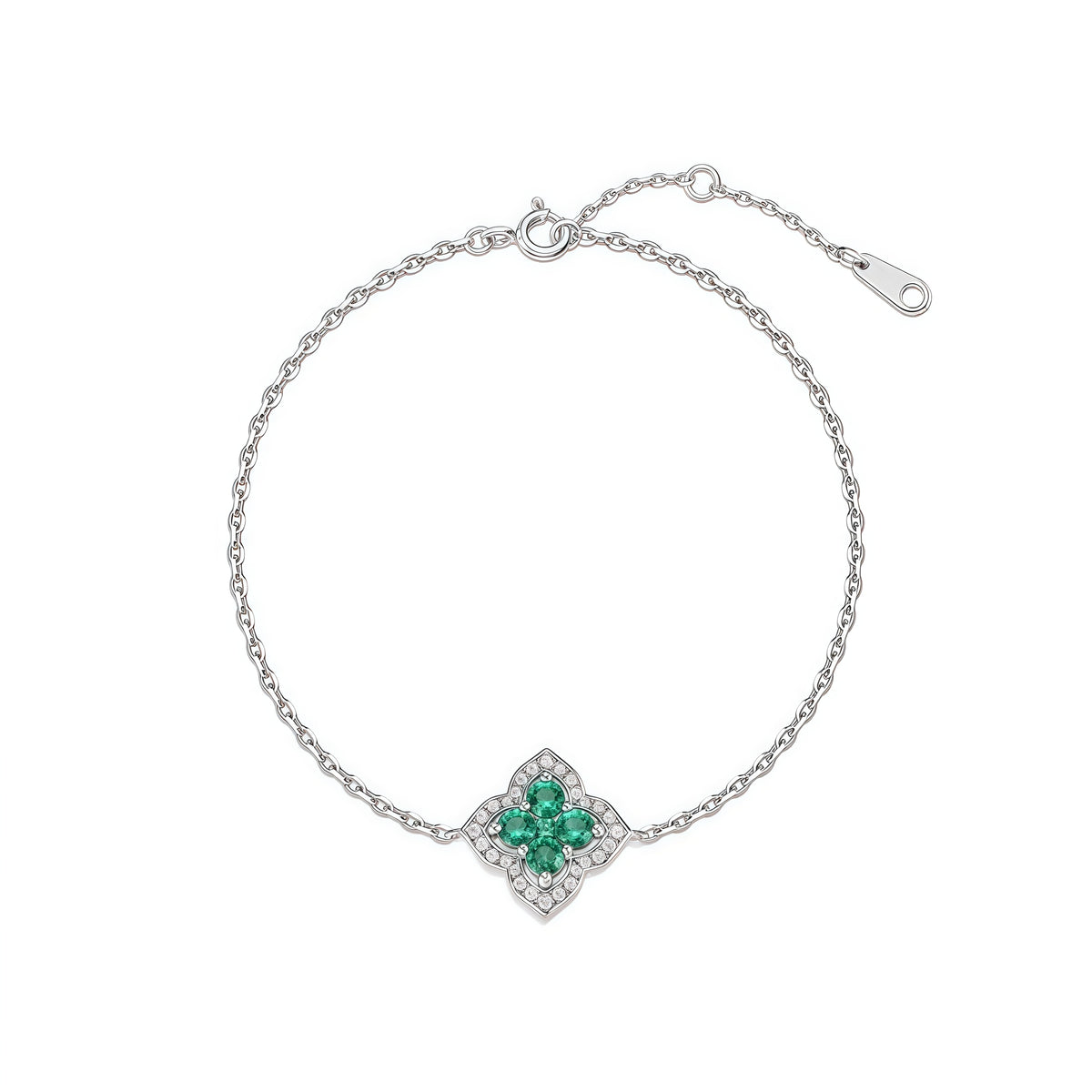 Premium Lucky Clover: French Four-Leaf Lab-Grown Emerald Bracelet | 925 Silver