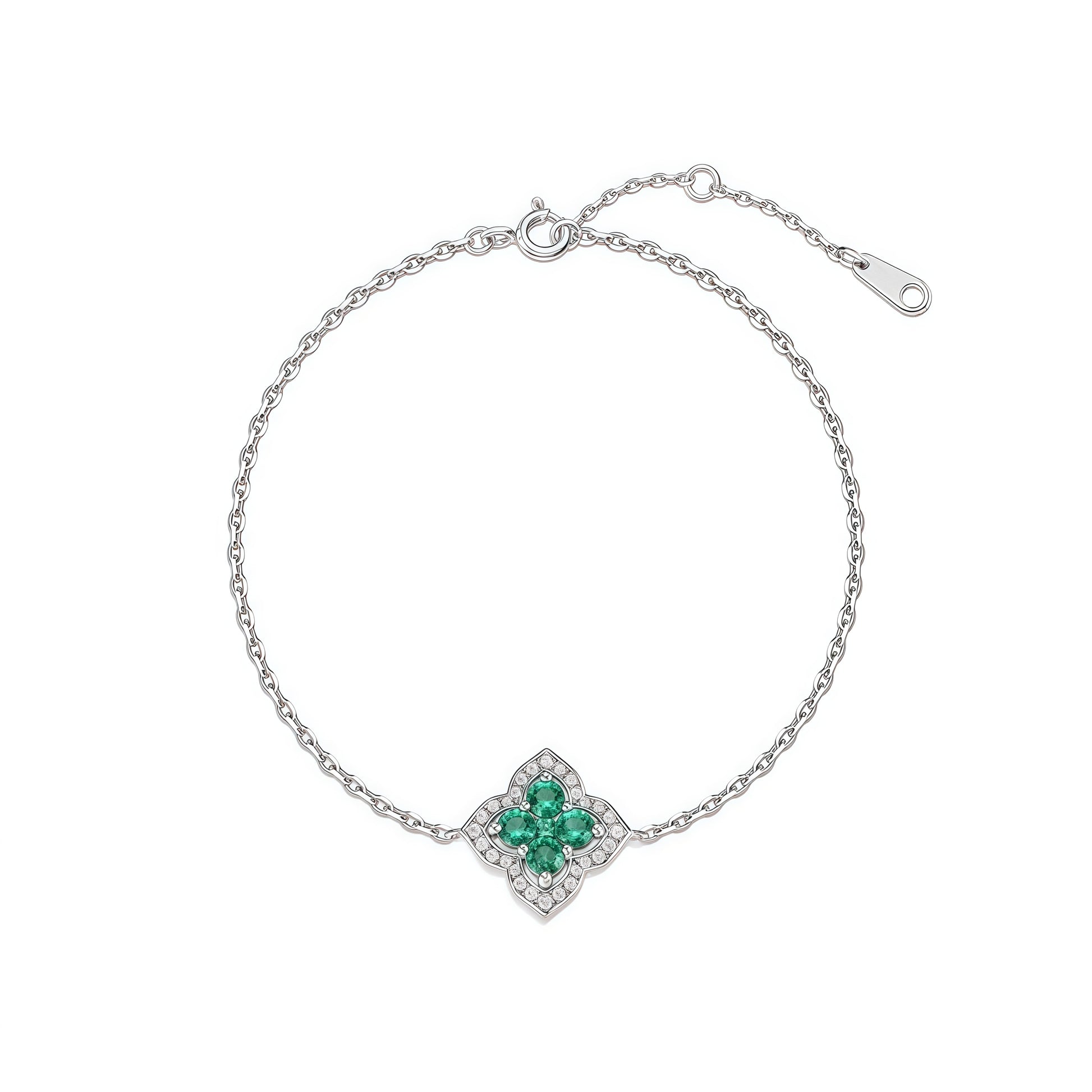 Premium Lucky Clover: French Four-Leaf Lab-Grown Emerald Bracelet | 925 Silver