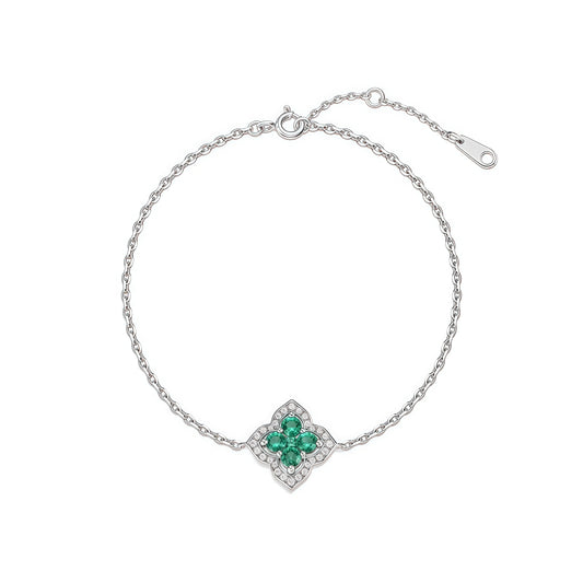 Lucky Clover: French Four-Leaf Lab-Grown Emerald Bracelet | 925 Silver | Dapaza
