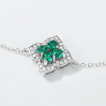 Premium Lucky Clover: French Four-Leaf Lab-Grown Emerald Bracelet | 925 Silver