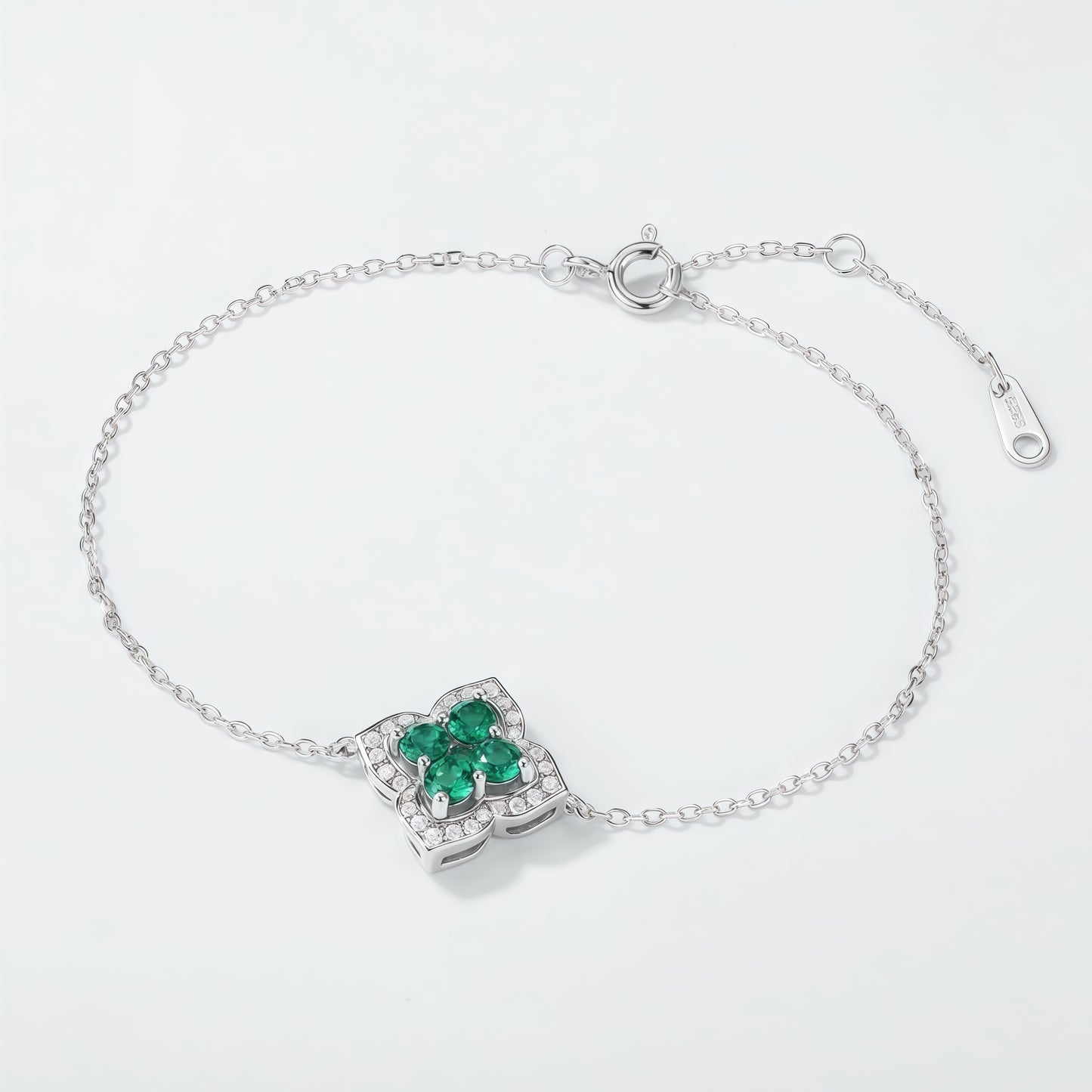 Premium Lucky Clover: French Four-Leaf Lab-Grown Emerald Bracelet | 925 Silver
