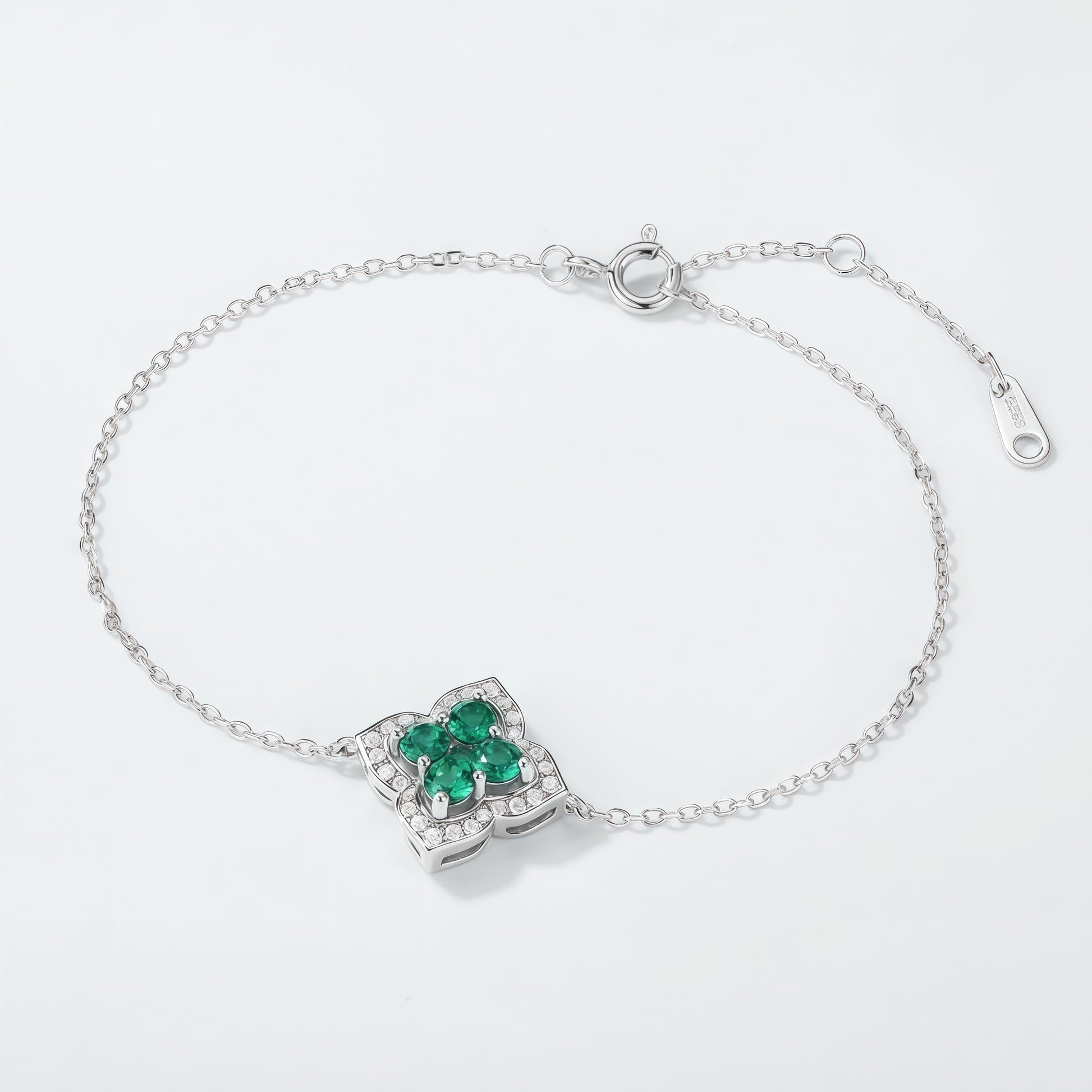 Premium Lucky Clover: French Four-Leaf Lab-Grown Emerald Bracelet | 925 Silver