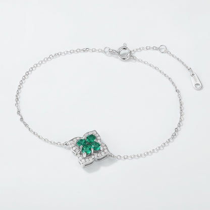 Premium Lucky Clover: French Four-Leaf Lab-Grown Emerald Bracelet | 925 Silver