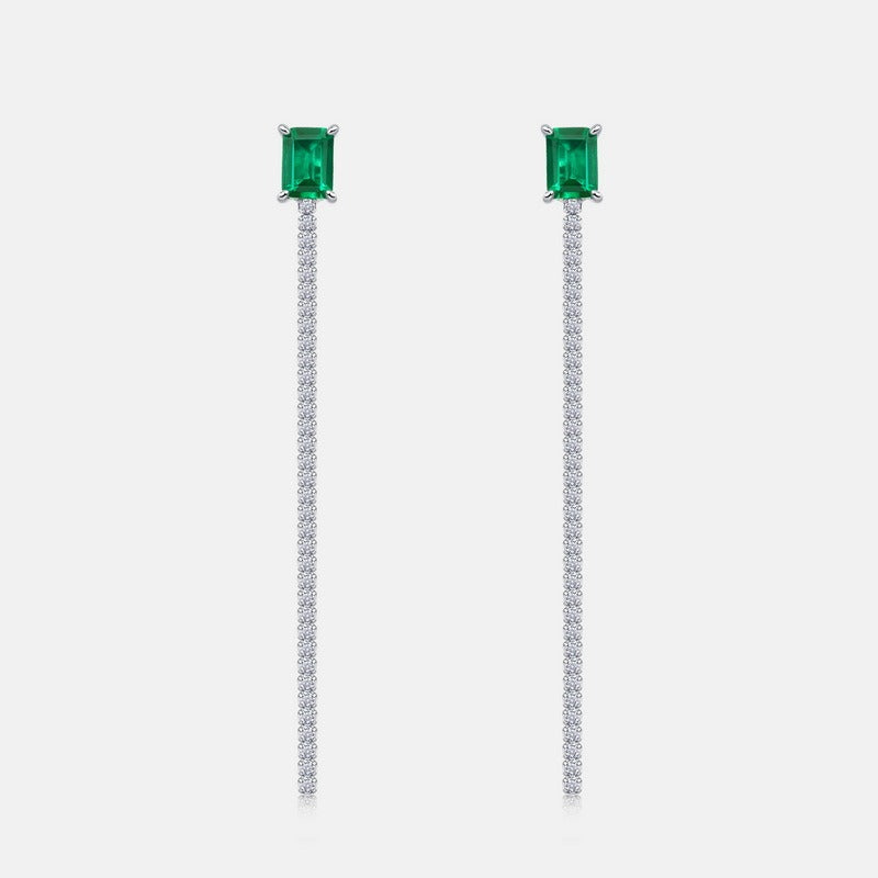 Minimalist Emerald-Cut Lab-Grown Emerald Tassel Earrings - 925 Sterling Silver - Dapaza Jewelry