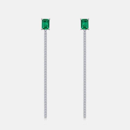 Minimalist Emerald-Cut Lab-Grown Emerald Tassel Earrings - 925 Sterling Silver
