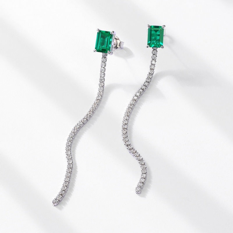 Minimalist Emerald-Cut Lab-Grown Emerald Tassel Earrings - 925 Sterling Silver - Dapaza Jewelry