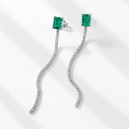 Minimalist Emerald-Cut Lab-Grown Emerald Tassel Earrings - 925 Sterling Silver - Dapaza Jewelry