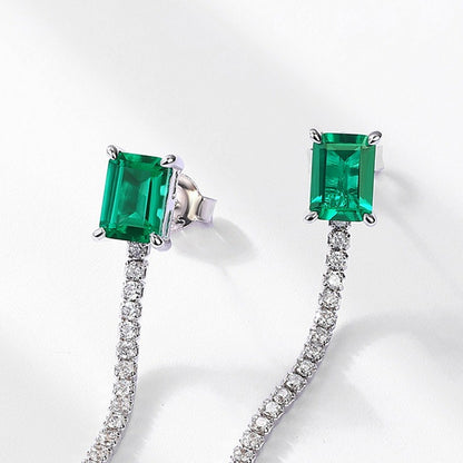 Minimalist Emerald-Cut Lab-Grown Emerald Tassel Earrings - 925 Sterling Silver - Dapaza Jewelry
