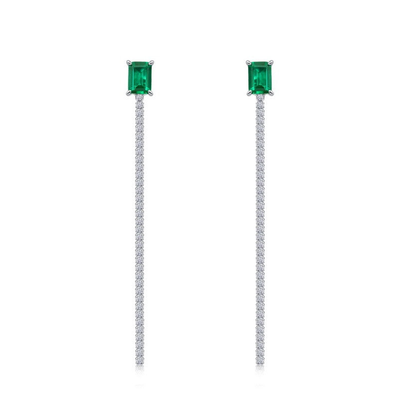 Minimalist Emerald-Cut Lab-Grown Emerald Tassel Earrings - 925 Sterling Silver - Dapaza Jewelry
