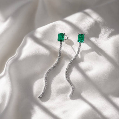 Minimalist Emerald-Cut Lab-Grown Emerald Tassel Earrings - 925 Sterling Silver - Dapaza Jewelry