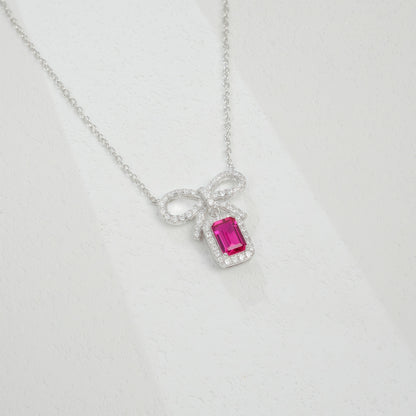 Premium Modern Bow: Radiant Lab-Grown Emerald Ribbon Necklace | S925 Silver