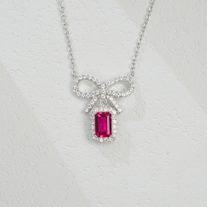 Premium Modern Bow: Radiant Lab-Grown Emerald Ribbon Necklace | S925 Silver
