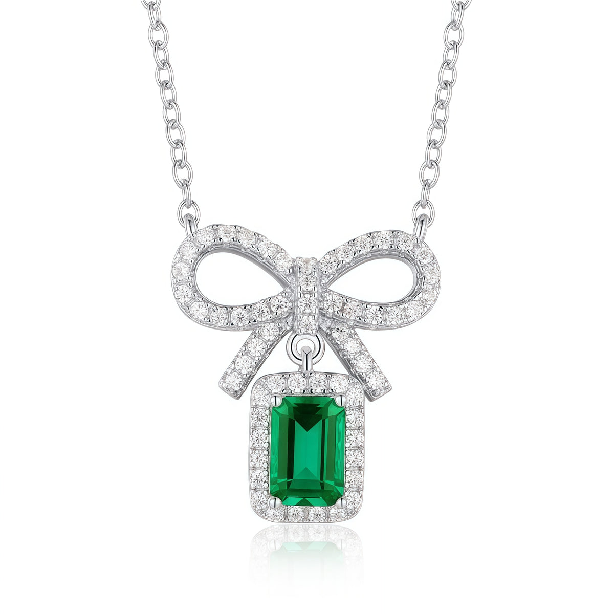 Premium Modern Bow: Radiant Lab-Grown Emerald Ribbon Necklace | S925 Silver