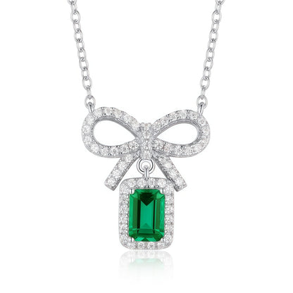 Premium Modern Bow: Radiant Lab-Grown Emerald Ribbon Necklace | S925 Silver
