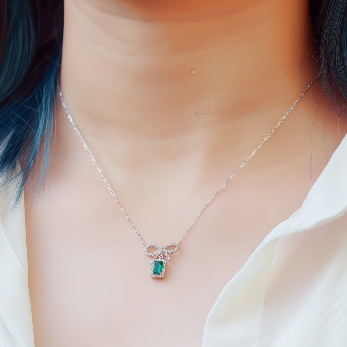 Premium Modern Bow: Radiant Lab-Grown Emerald Ribbon Necklace | S925 Silver