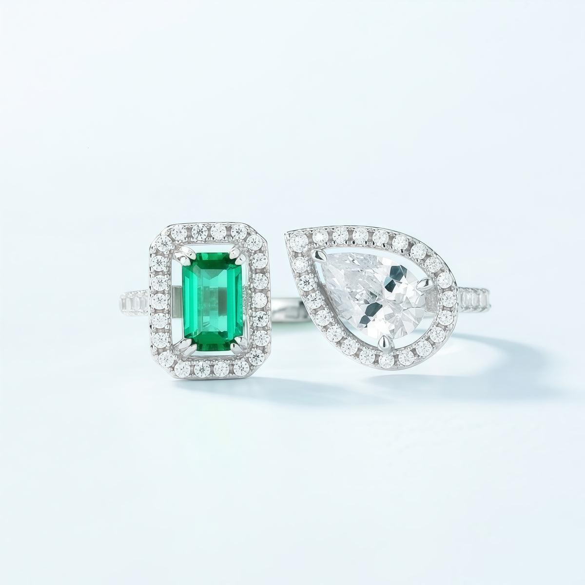 Premium Modern Geometric: Full-Pavé Lab-Grown Emerald Statement Ring | 925 Silver
