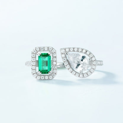 Premium Modern Geometric: Full-Pavé Lab-Grown Emerald Statement Ring | 925 Silver