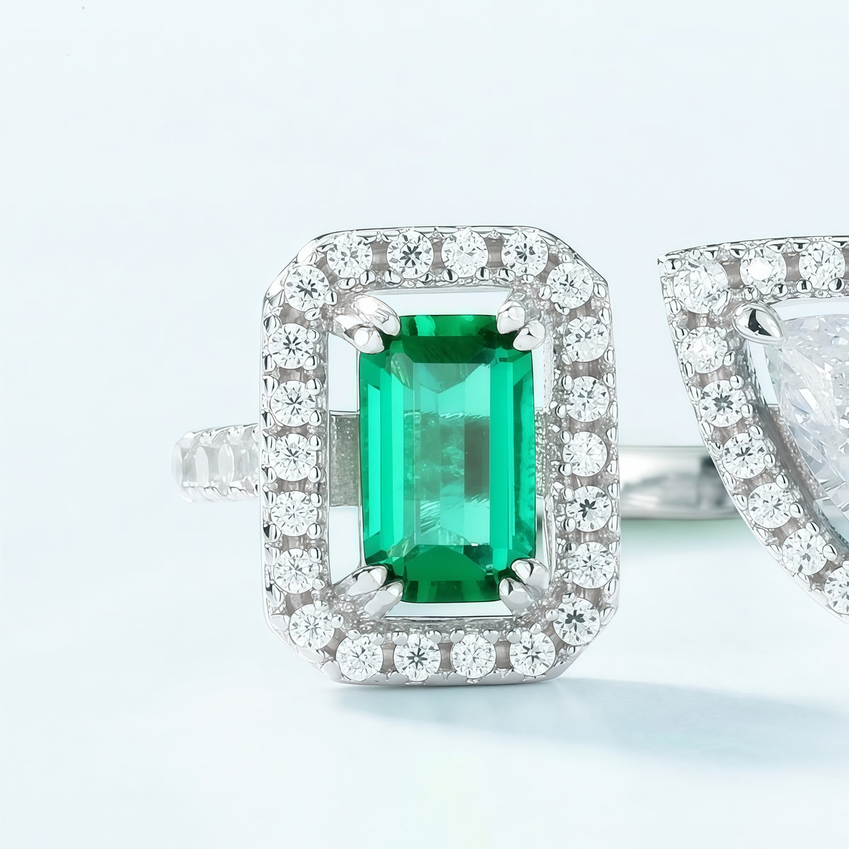 Premium Modern Geometric: Full-Pavé Lab-Grown Emerald Statement Ring | 925 Silver