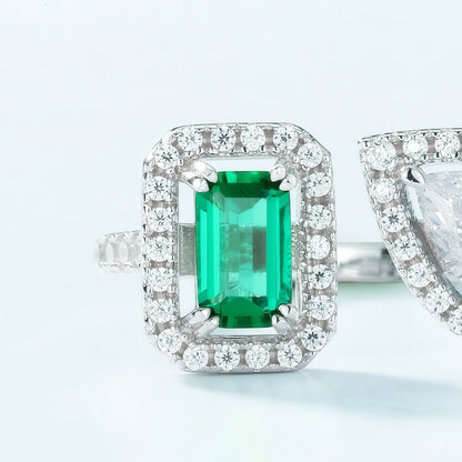 Premium Modern Geometric: Full-Pavé Lab-Grown Emerald Statement Ring | 925 Silver