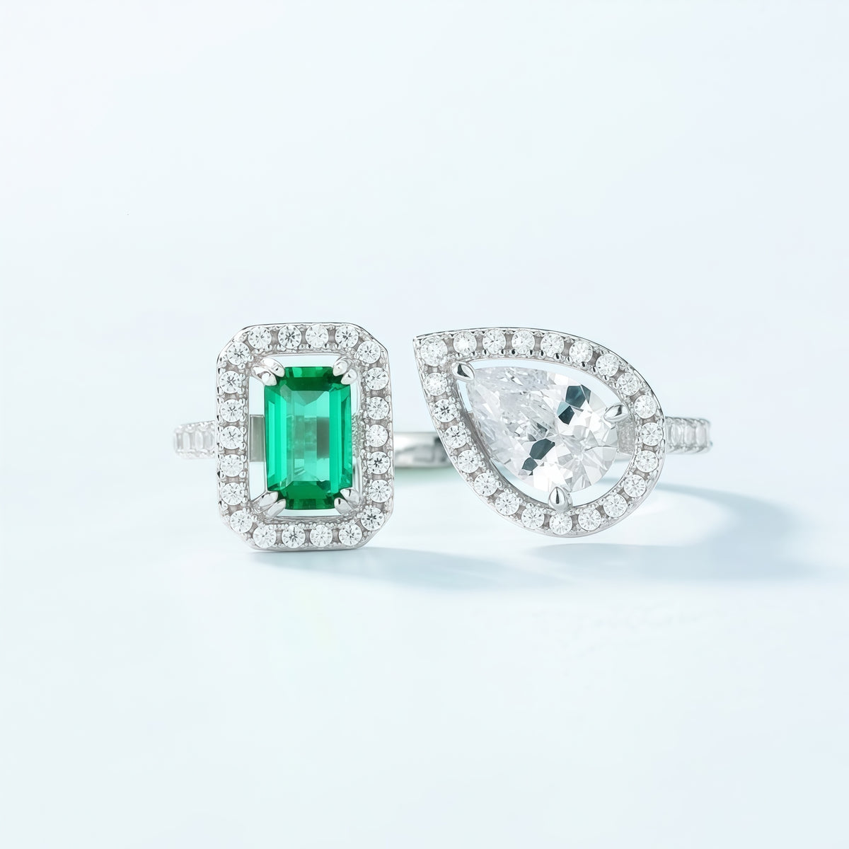 Premium Modern Geometric: Full-Pavé Lab-Grown Emerald Statement Ring | 925 Silver
