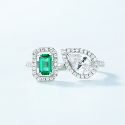 Premium Modern Geometric: Full-Pavé Lab-Grown Emerald Statement Ring | 925 Silver