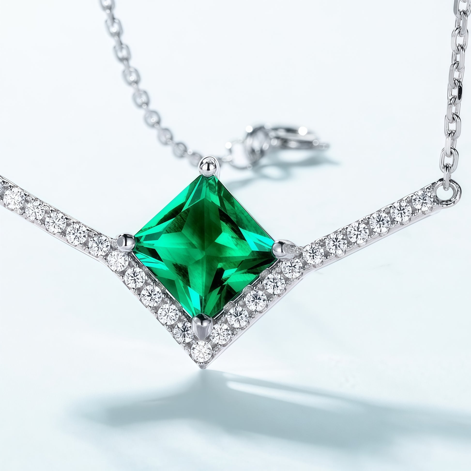 Premium Modern Geometry: Pave-Set Lab-Grown Emerald Pendant Necklace | 925 Silver