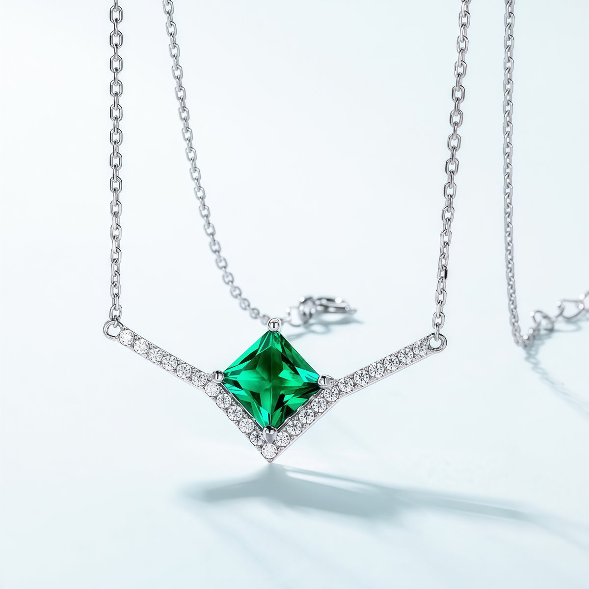 Premium Modern Geometry: Pave-Set Lab-Grown Emerald Pendant Necklace | 925 Silver
