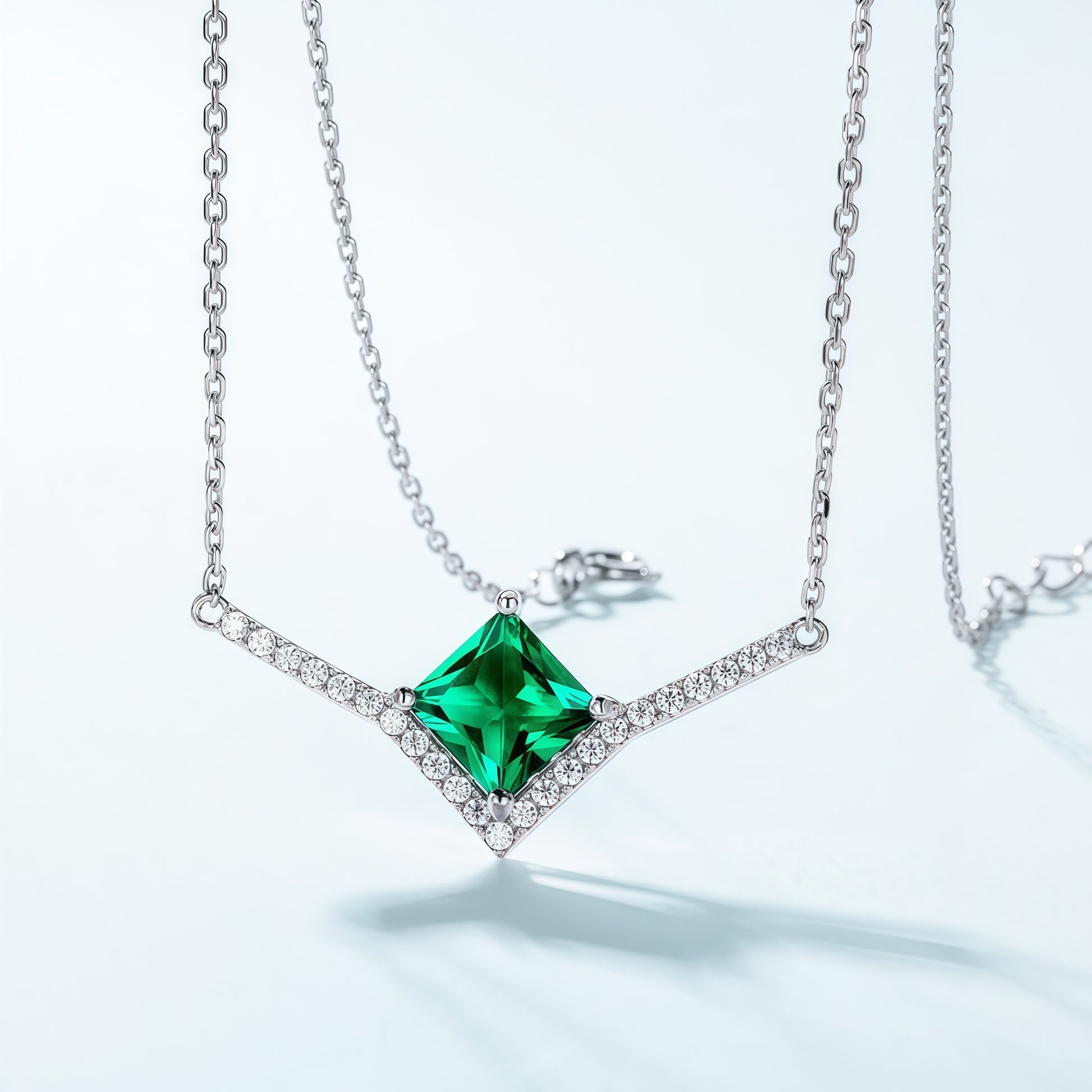 Premium Modern Geometry: Pave-Set Lab-Grown Emerald Pendant Necklace | 925 Silver