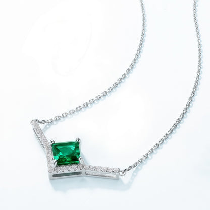 Premium Modern Geometry: Pave-Set Lab-Grown Emerald Pendant Necklace | 925 Silver