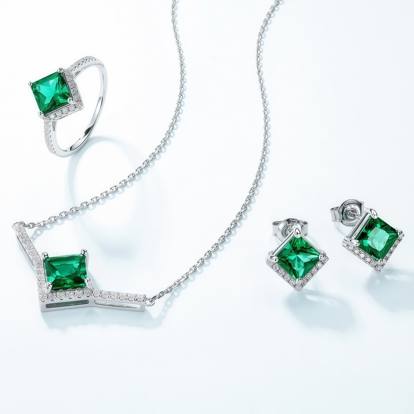 Premium Modern Geometry: Pave-Set Lab-Grown Emerald Pendant Necklace | 925 Silver