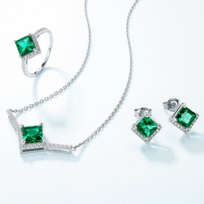 Premium Modern Geometry: Pave-Set Lab-Grown Emerald Pendant Necklace | 925 Silver