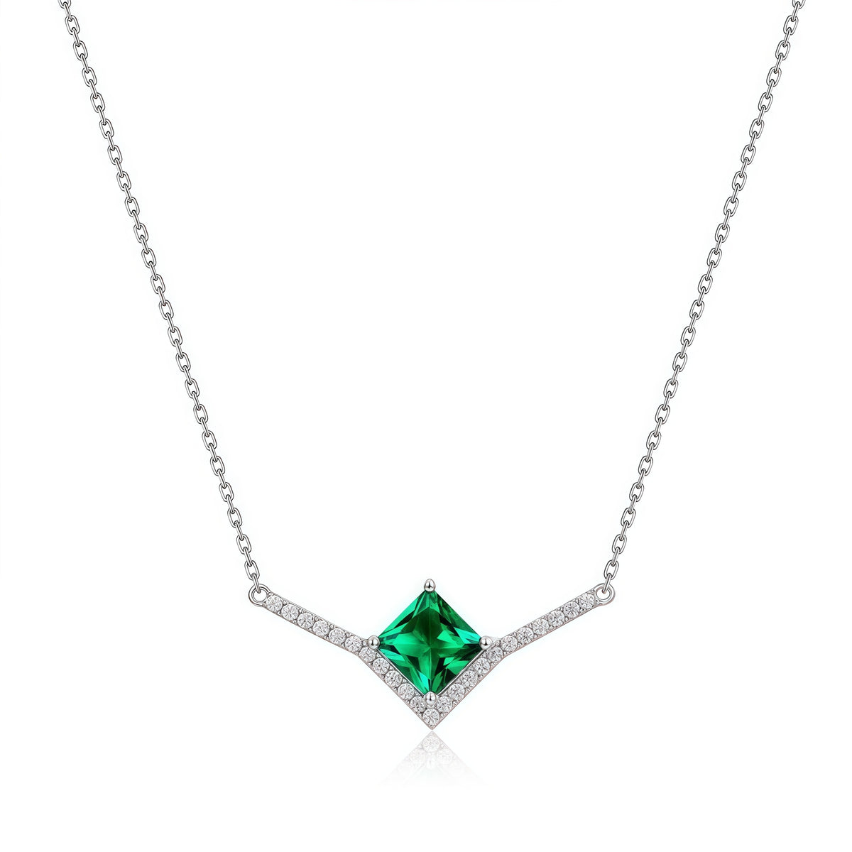 Premium Modern Geometry: Pave-Set Lab-Grown Emerald Pendant Necklace | 925 Silver