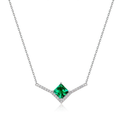 Premium Modern Geometry: Pave-Set Lab-Grown Emerald Pendant Necklace | 925 Silver