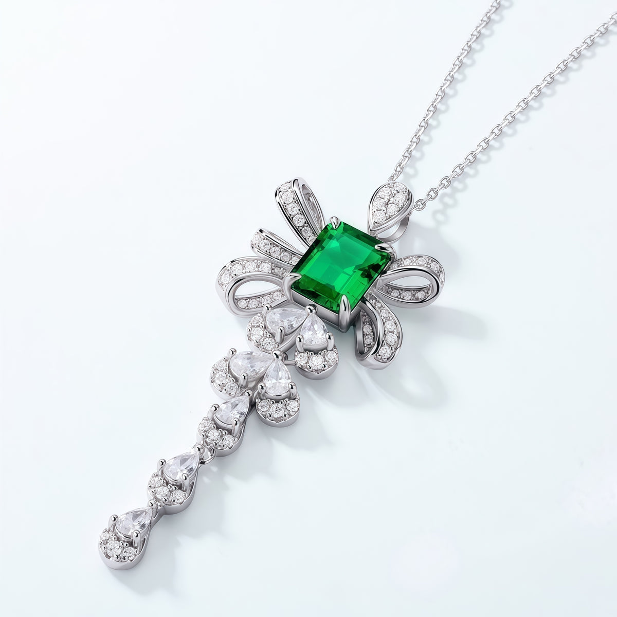 Premium Modern Romance: Tassel Ribbon Lab-Grown Emerald Necklace | 925 Silver