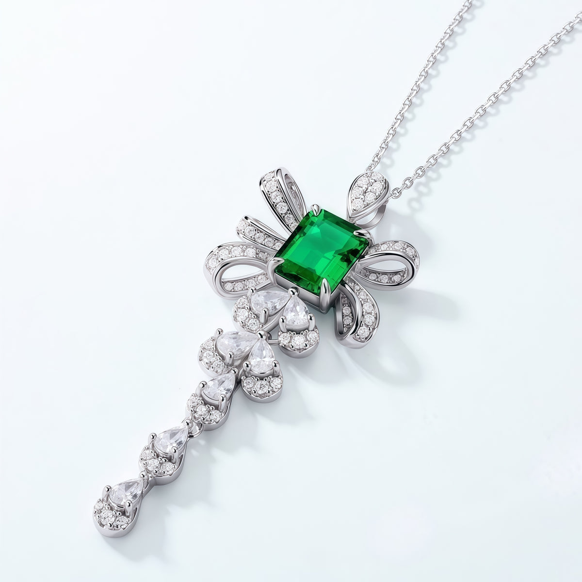 Premium Modern Romance: Tassel Ribbon Lab-Grown Emerald Necklace | 925 Silver