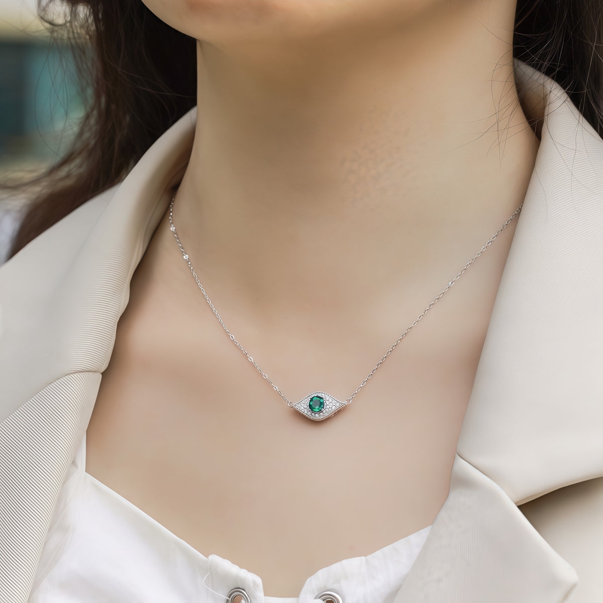 Premium Mystic Guardian: Evil Eye Lab-Grown Emerald Pendant Necklace | 925 Silver