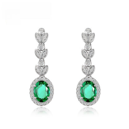 Nature-Inspired Oval 2.15CT Lab-Grown Emerald Leaf Drop Earrings - 925 Silver - Dapaza Jewelry