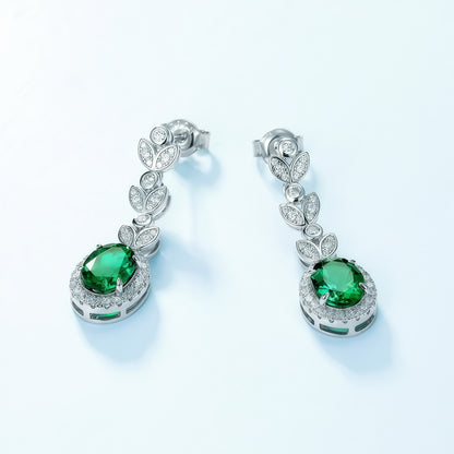Nature-Inspired Oval 2.15CT Lab-Grown Emerald Leaf Drop Earrings - 925 Silver - Dapaza Jewelry