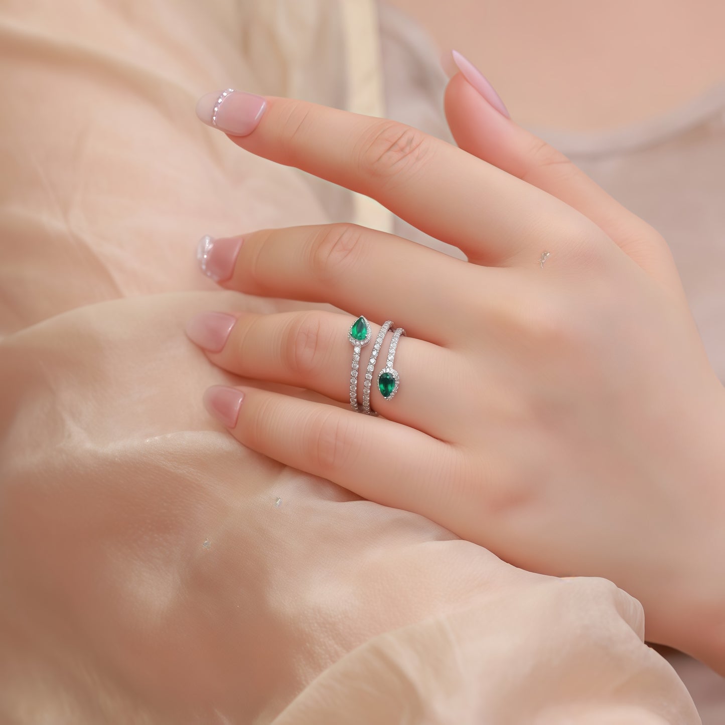Premium Nouveau Chic: Gold-Plated Lab-Grown Emerald Adjustable Ring | 925 Silver