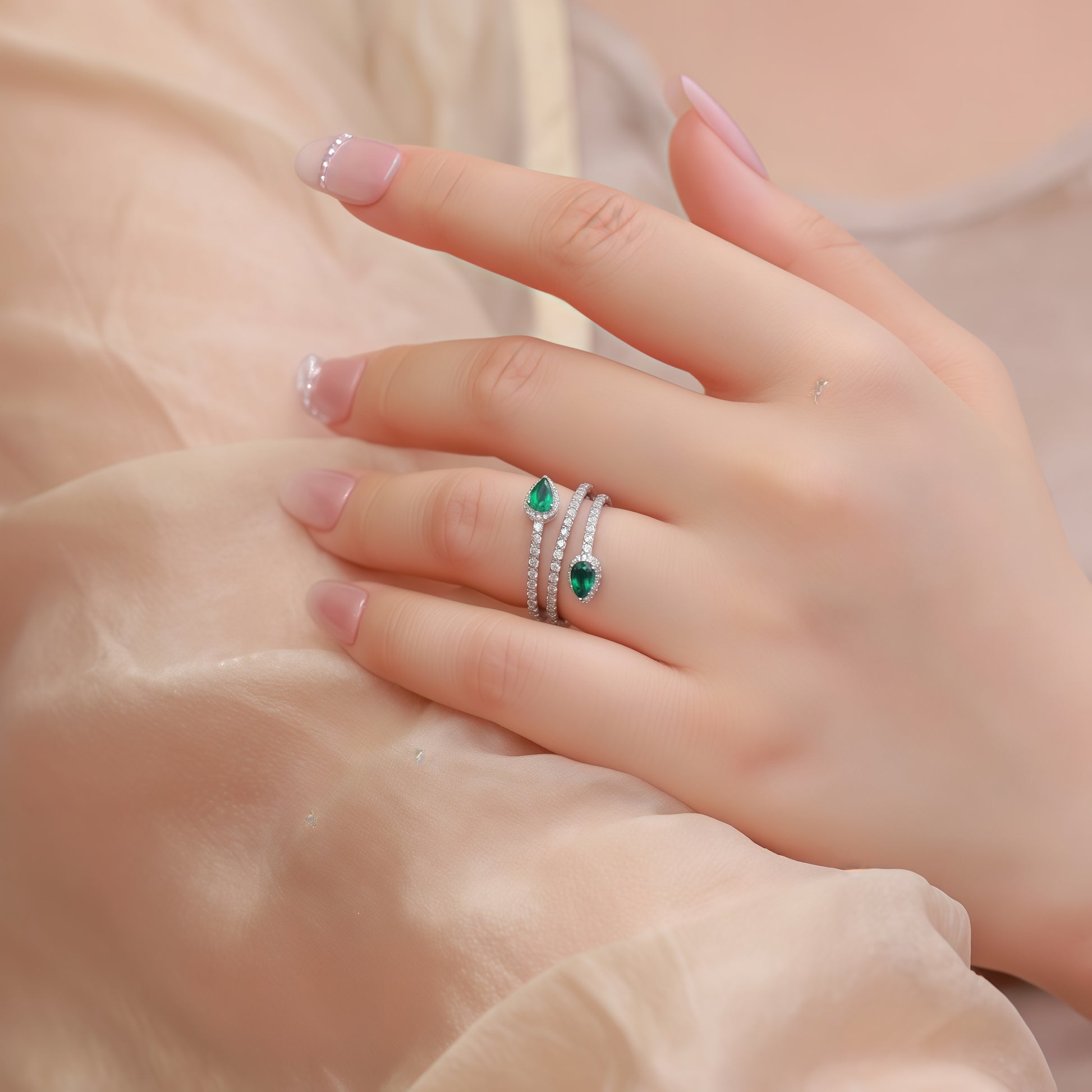 Premium Nouveau Chic: Gold-Plated Lab-Grown Emerald Adjustable Ring | 925 Silver