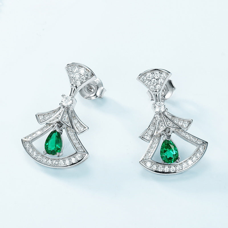 Elegant Fan-Shaped "Little Skirt" Lab-Grown Emerald Drop Earrings - 925 Sterling Silver