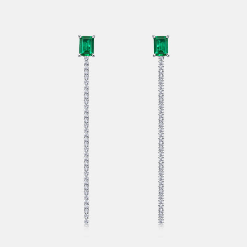 Minimalist Emerald-Cut Lab-Grown Emerald Tassel Earrings - 925 Sterling Silver