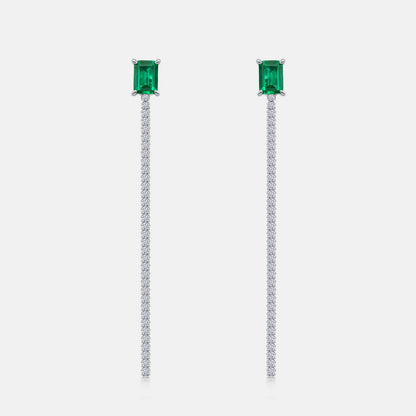 Minimalist Emerald-Cut Lab-Grown Emerald Tassel Earrings - 925 Sterling Silver