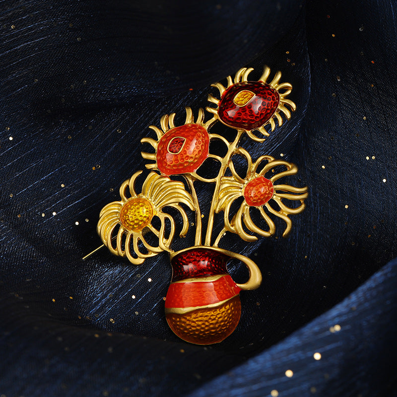 Van Gogh Sunflower Vase Brooch