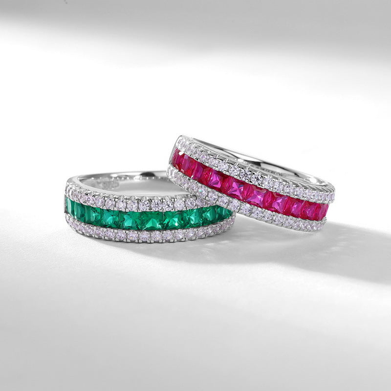 Invisible-Set Lab-Grown Emerald Ruby Sapphire Ring - S925 Sterling Silver