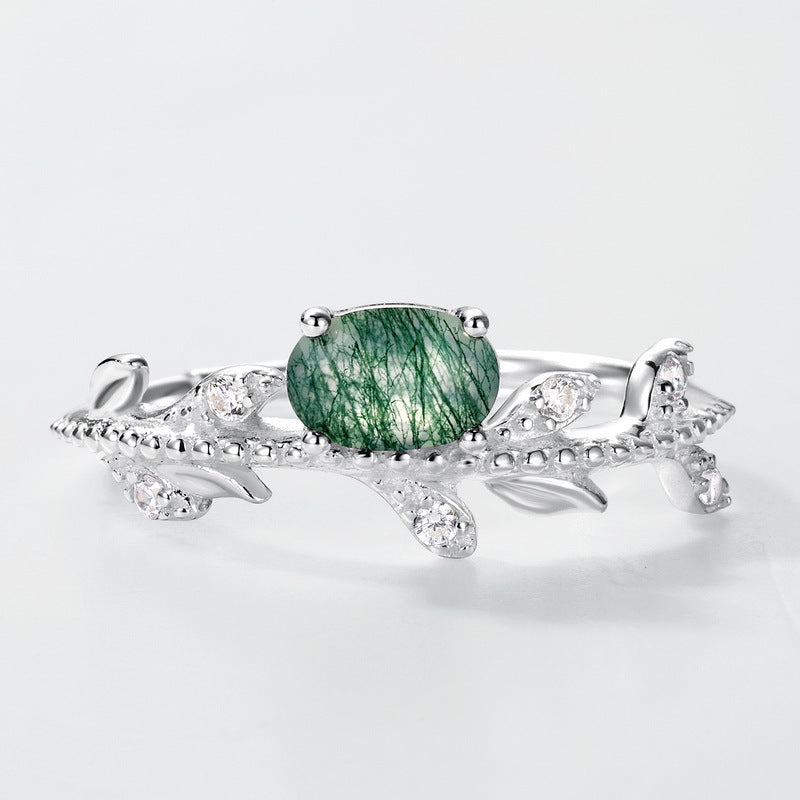 橄榄枝戒指女S925纯银镶绿苔藓指环小众设计手饰| Dapaza Jewelry