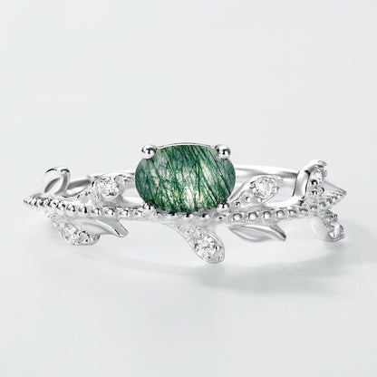 橄榄枝戒指女S925纯银镶绿苔藓指环小众设计手饰| Dapaza Jewelry