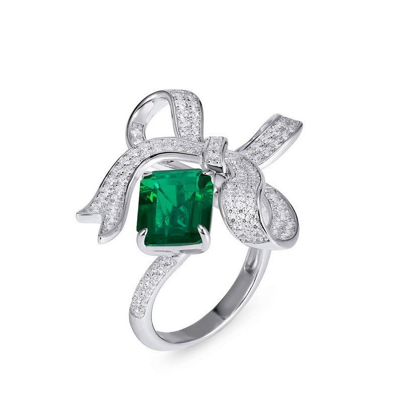 Bow-Knot Lab-Grown Emerald Ring - S925 Sterling Silver